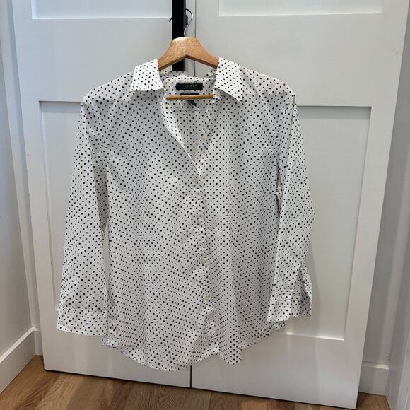 Lauren Ralph Lauren White Polka Dot Button-Up Blouse Size Large - Picture 2 of 9